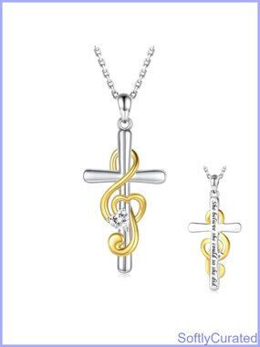 Sterling Silver Music Pendant Necklace Treble Clef Cross Crystal